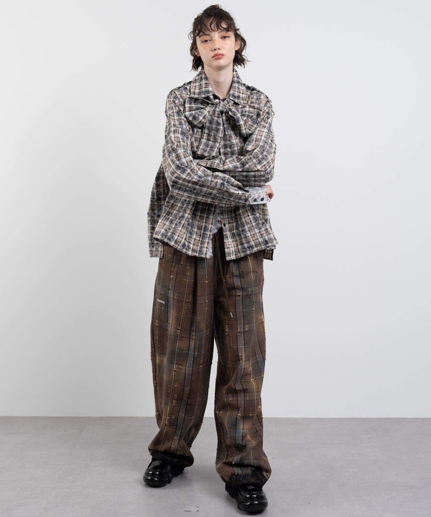 Plaid Pants with Distressed Details & Lace Docking