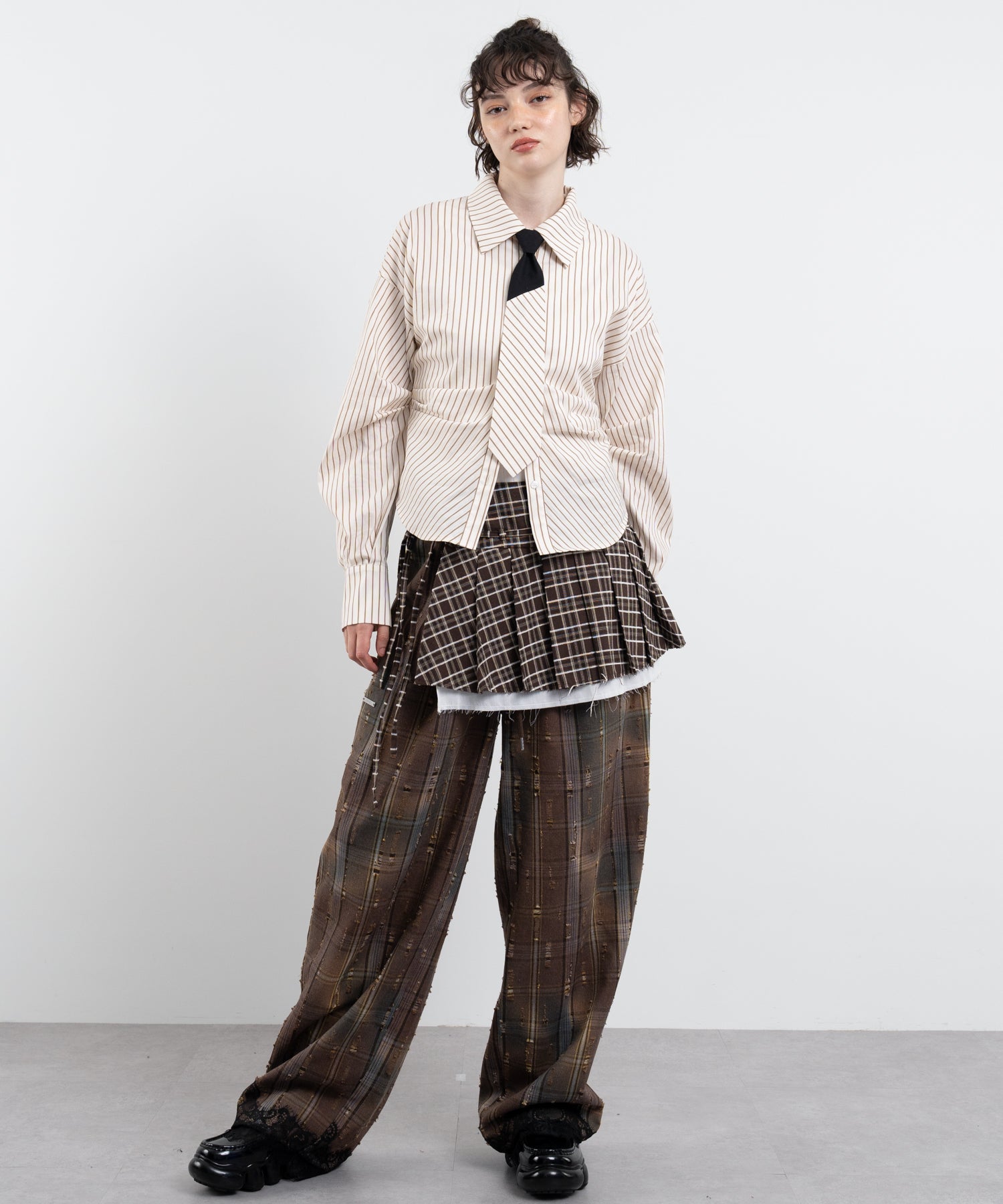 Plaid Pants with Distressed Details & Lace Docking