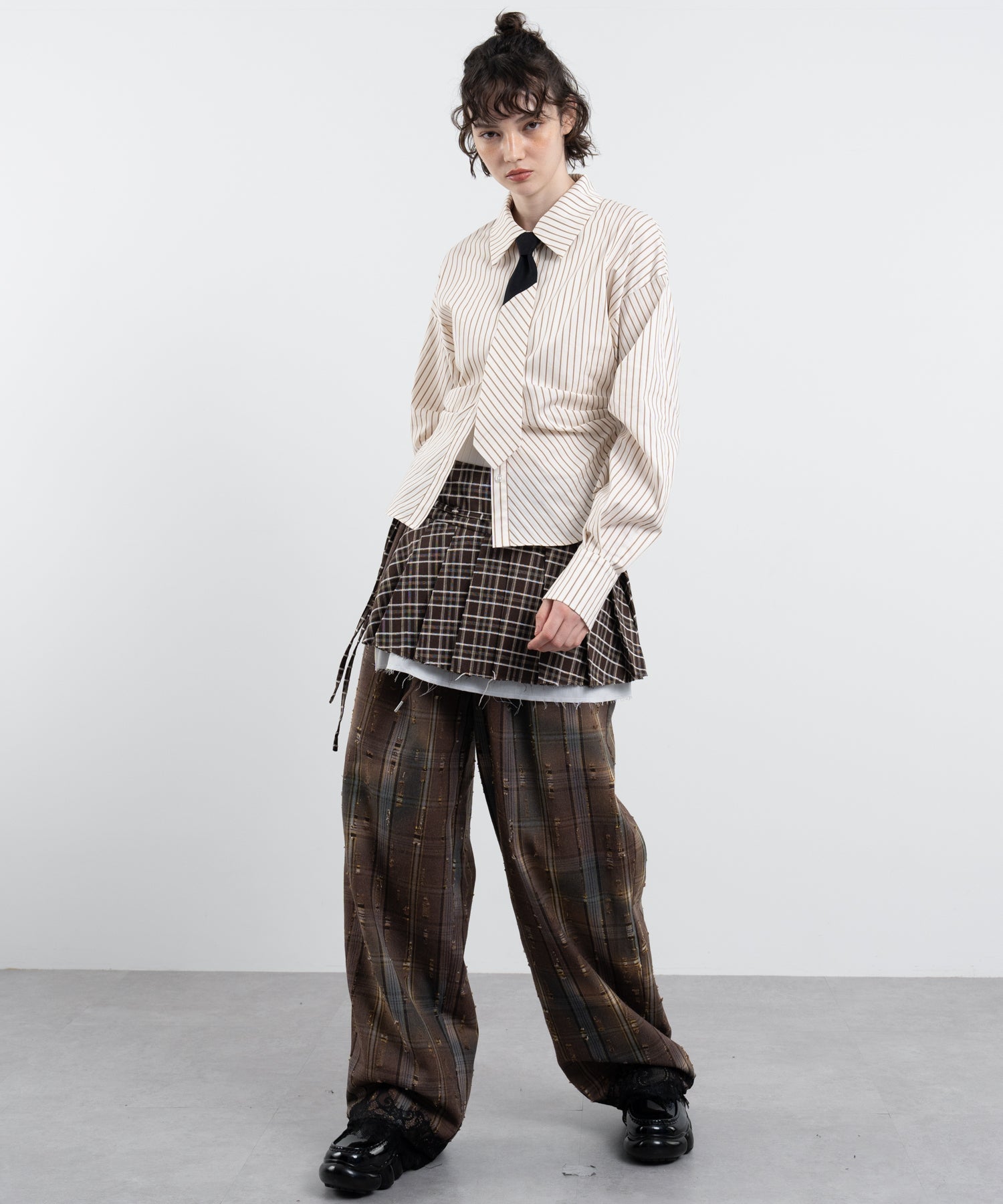 Plaid Pants with Distressed Details & Lace Docking