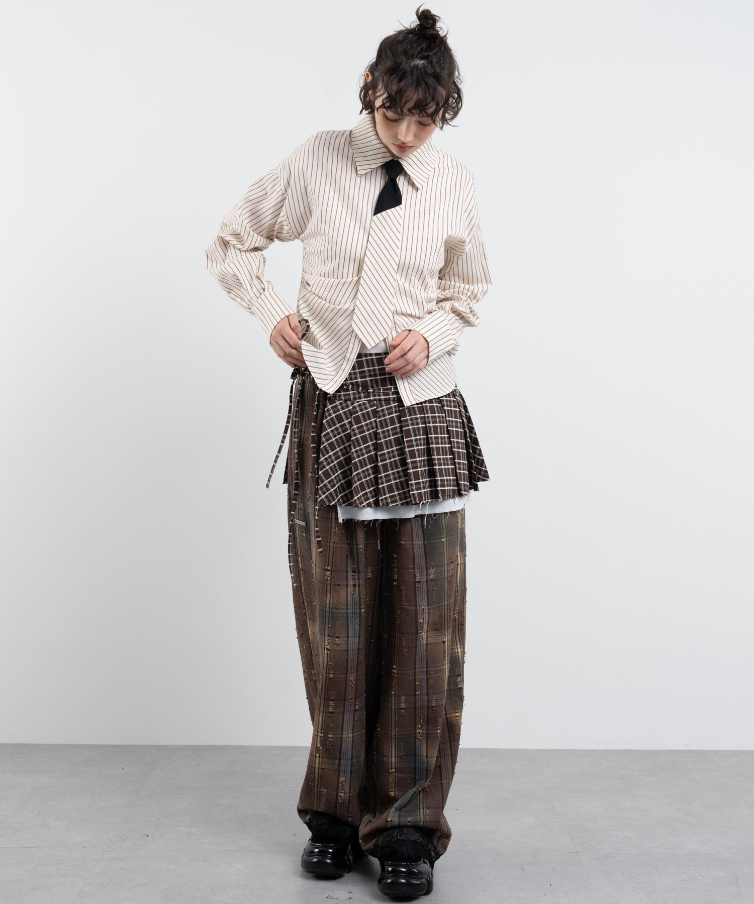 Plaid Pants with Distressed Details & Lace Docking