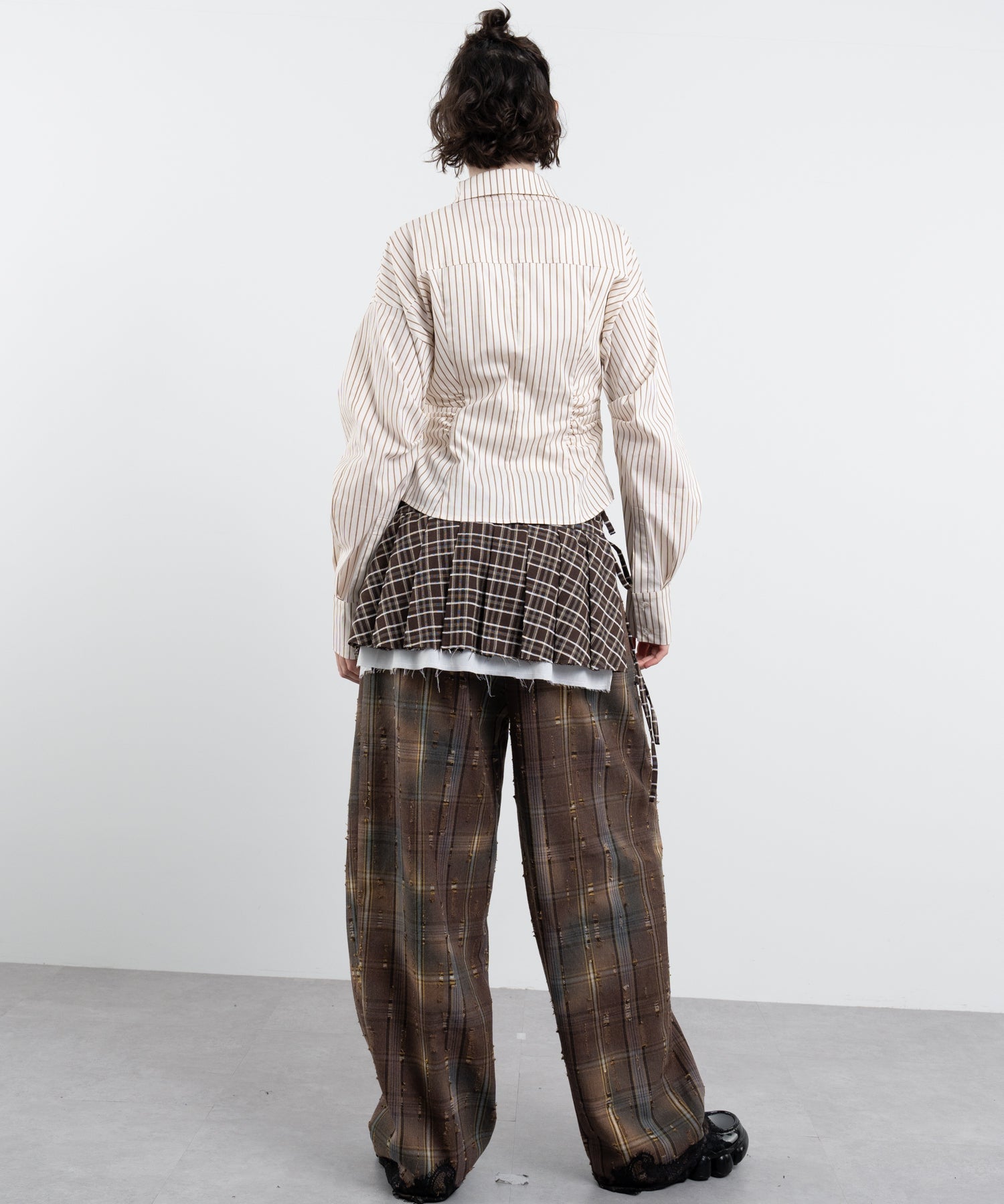 Plaid Pants with Distressed Details & Lace Docking