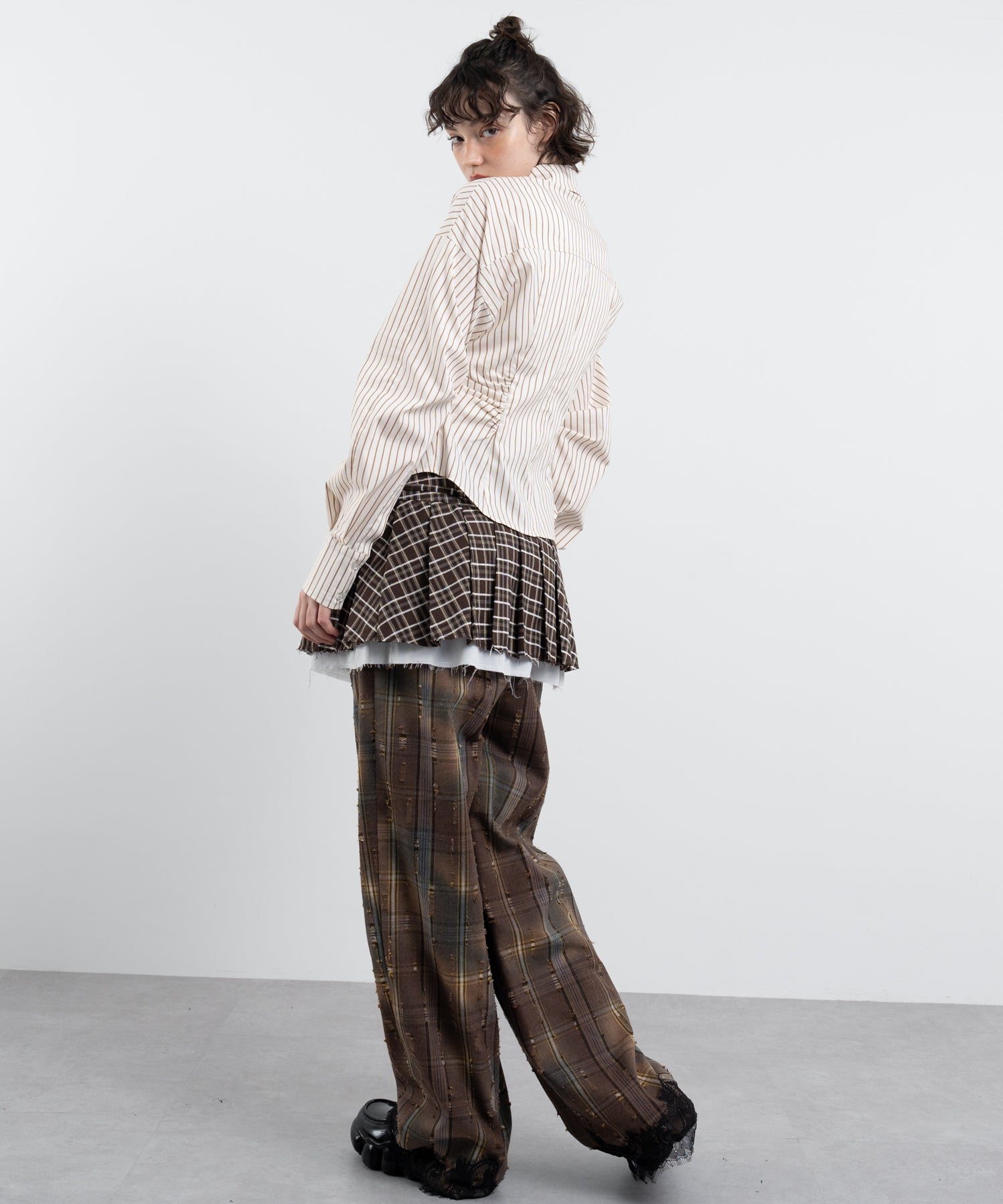 Plaid Pants with Distressed Details & Lace Docking