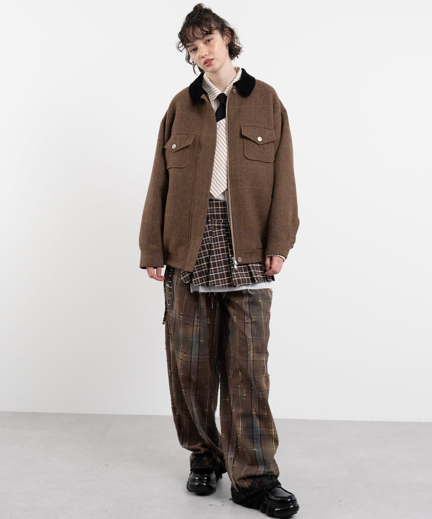 Plaid Pants with Distressed Details & Lace Docking