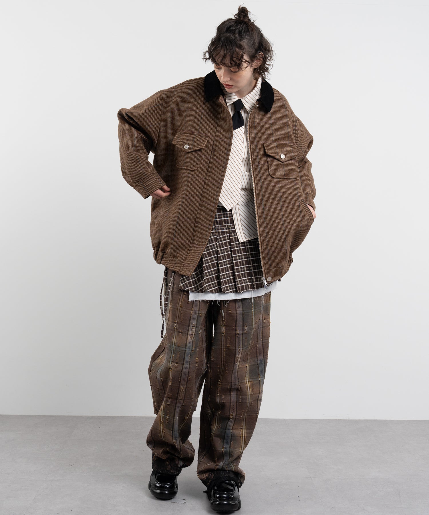 Plaid Pants with Distressed Details & Lace Docking