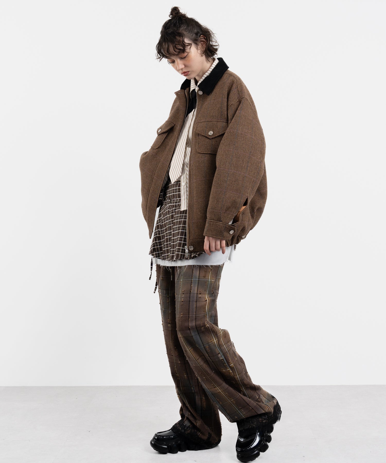 Plaid Pants with Distressed Details & Lace Docking