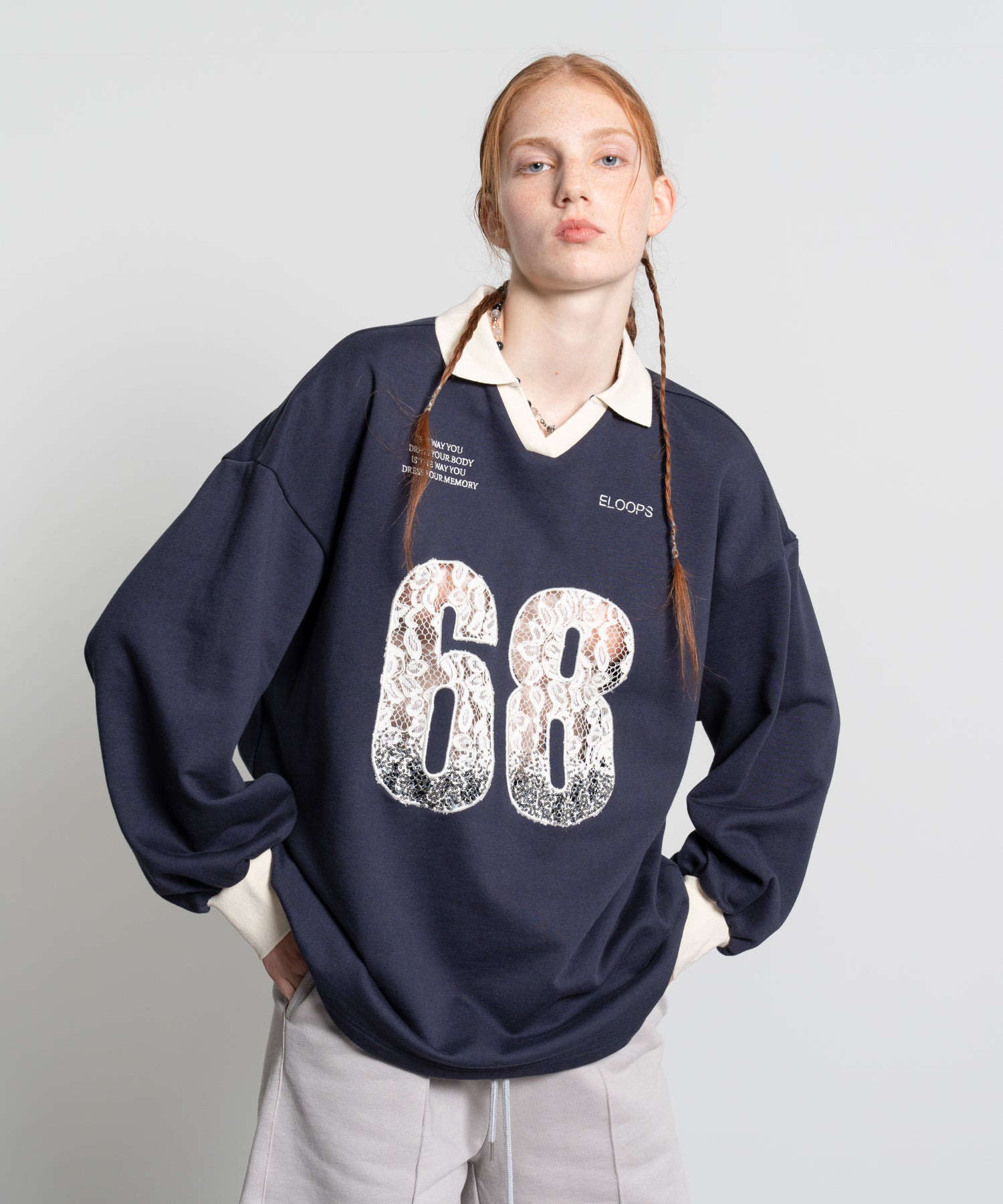 Lace Embroidery Oversized V-Neck Sweatshirt