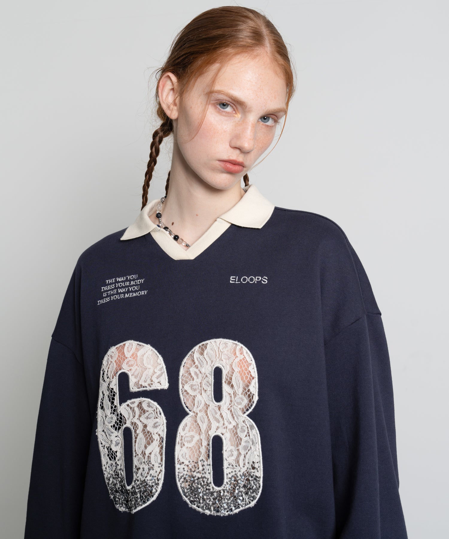 Lace Embroidery Oversized V-Neck Sweatshirt