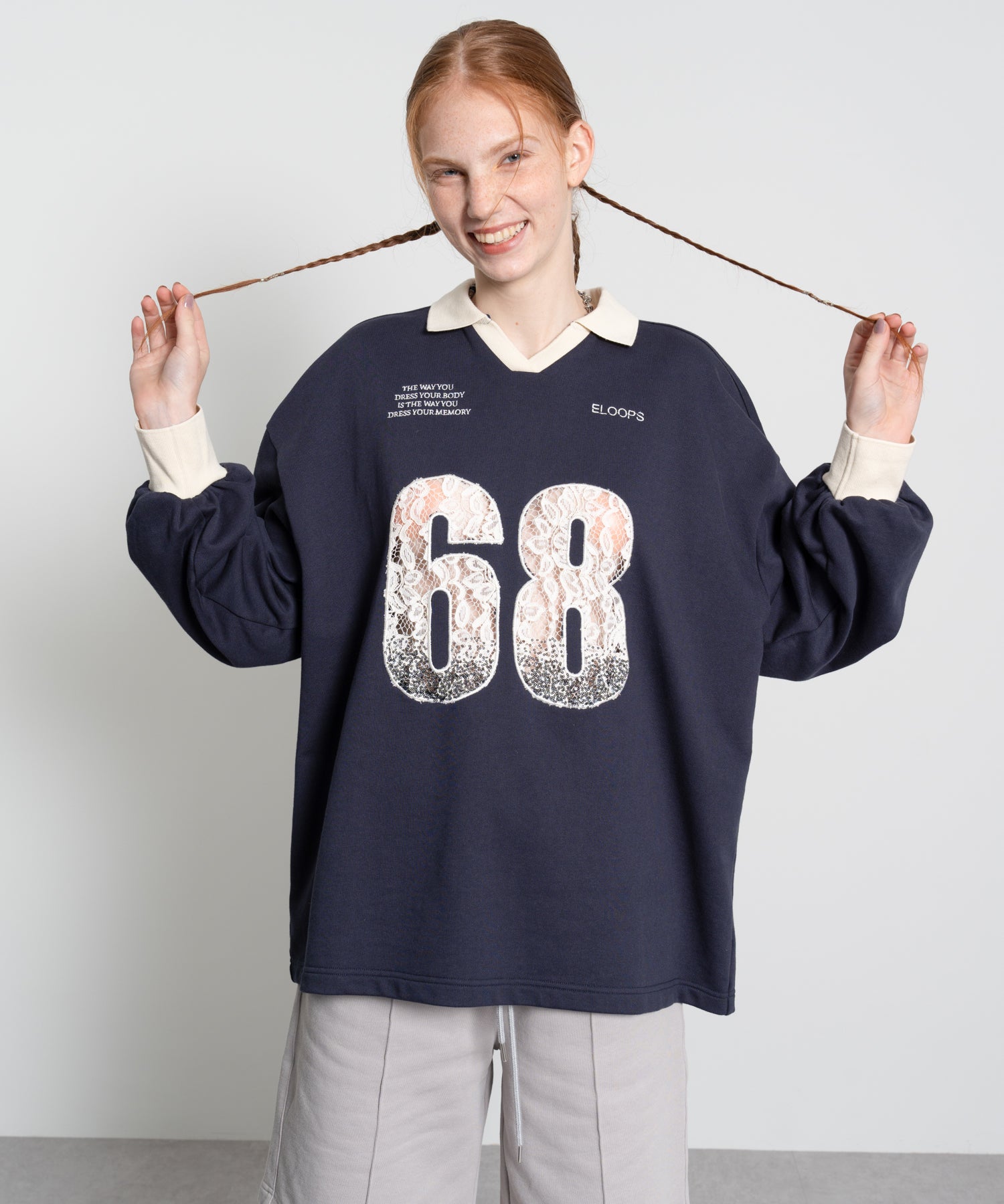 Lace Embroidery Oversized V-Neck Sweatshirt