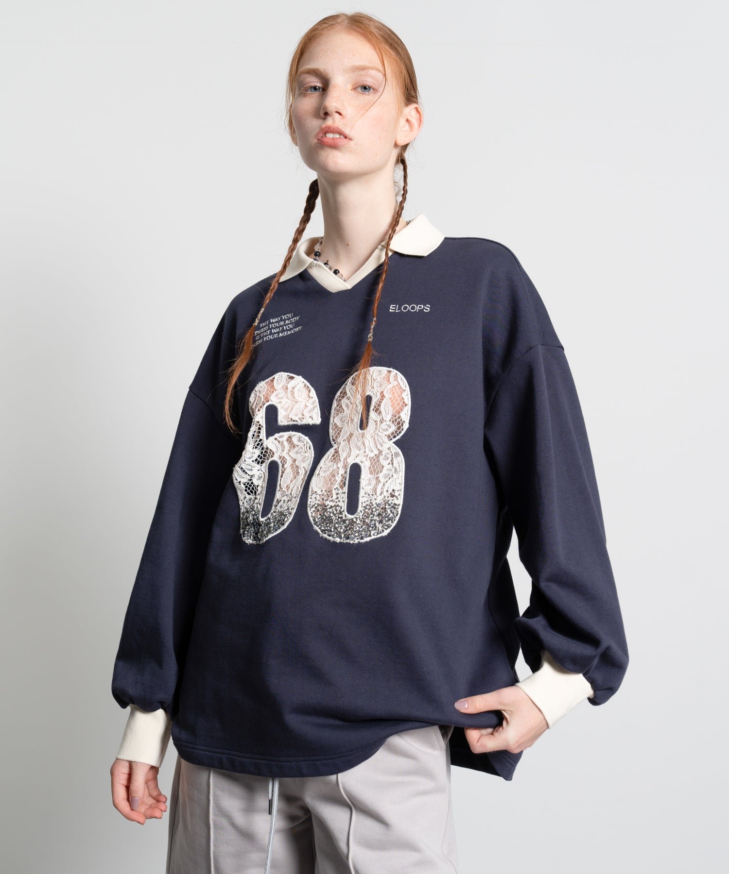 Lace Embroidery Oversized V-Neck Sweatshirt