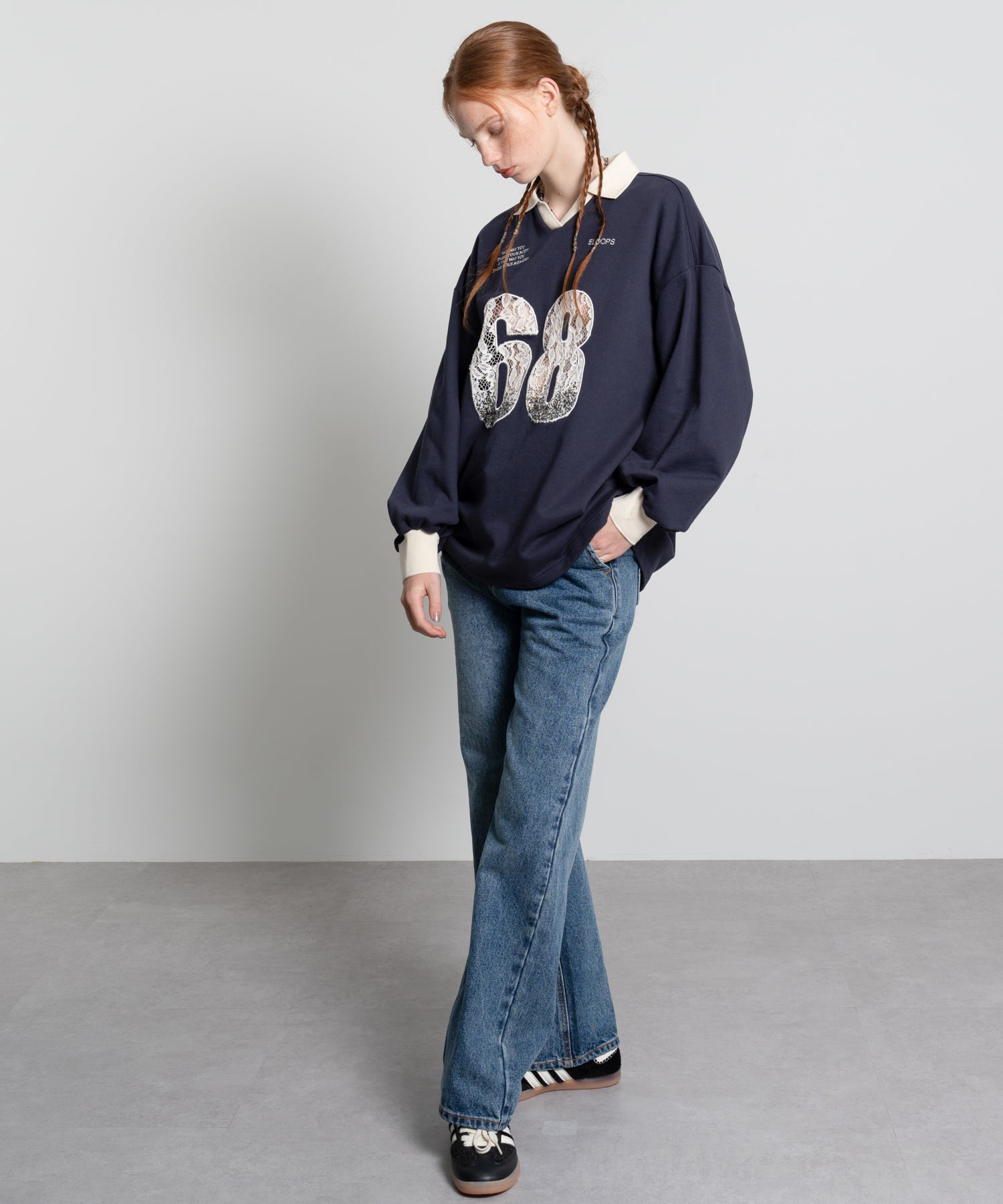 Lace Embroidery Oversized V-Neck Sweatshirt
