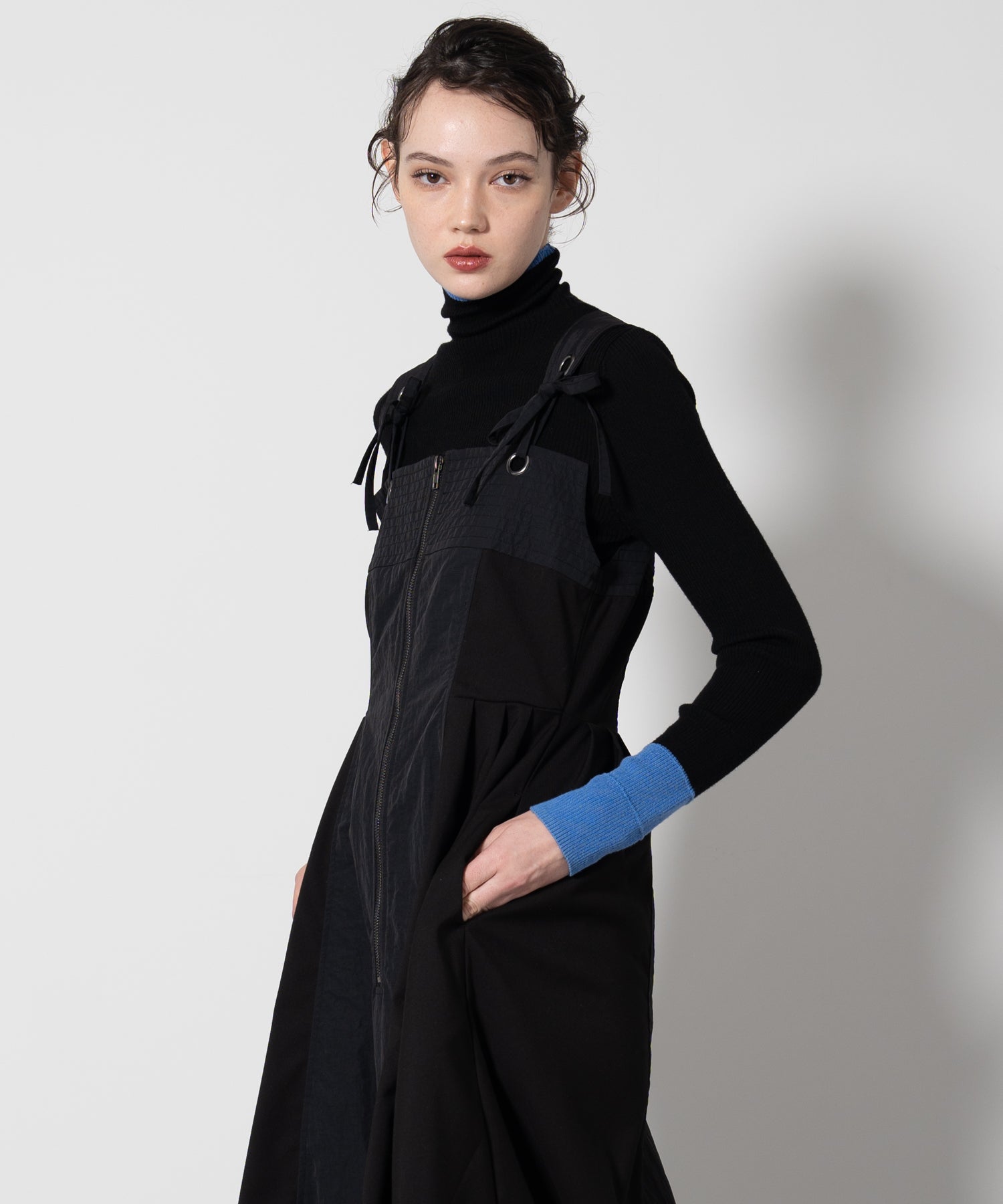 Color Block Rib Knit High Neck Wool Top