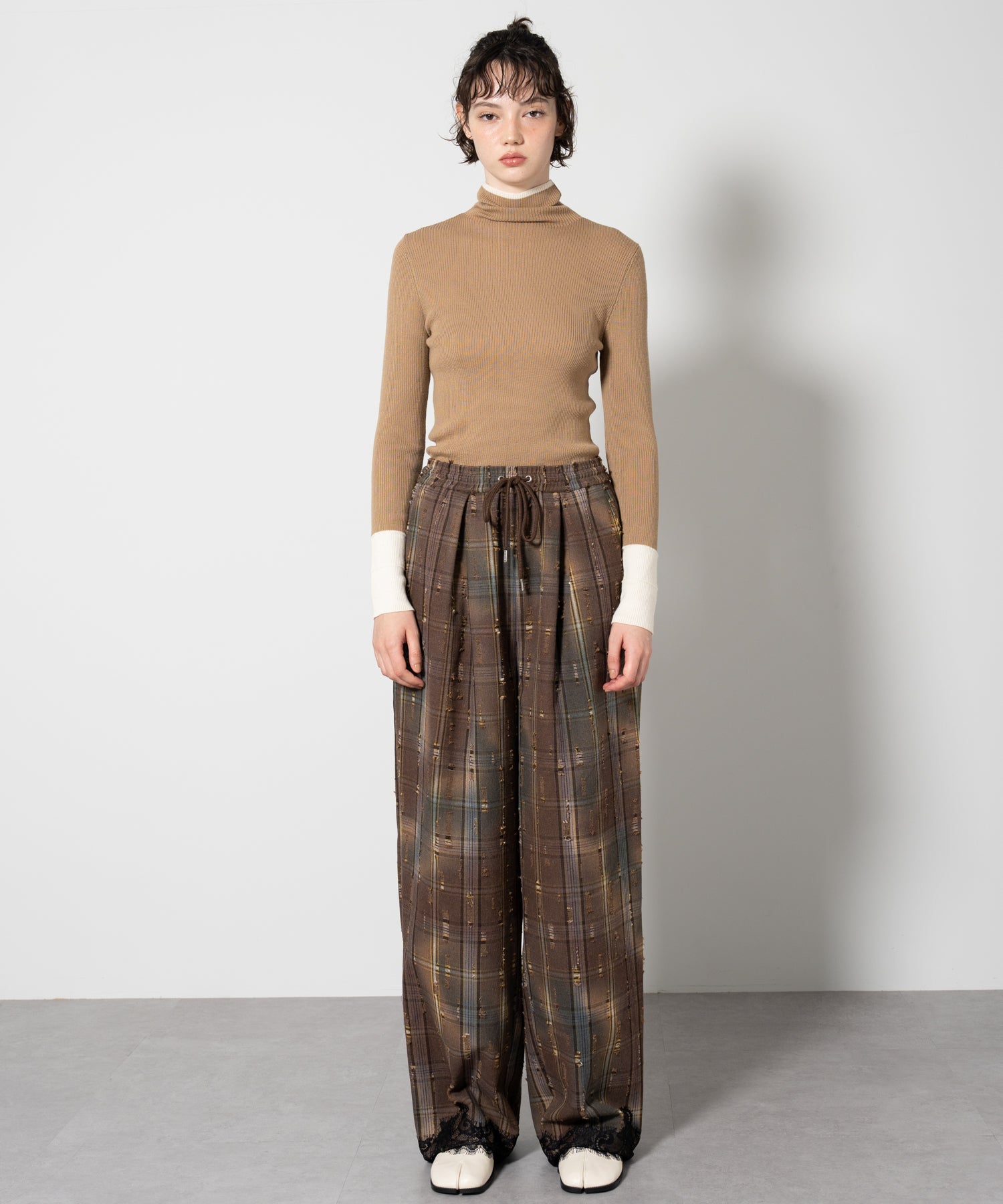 Plaid Pants with Distressed Details & Lace Docking