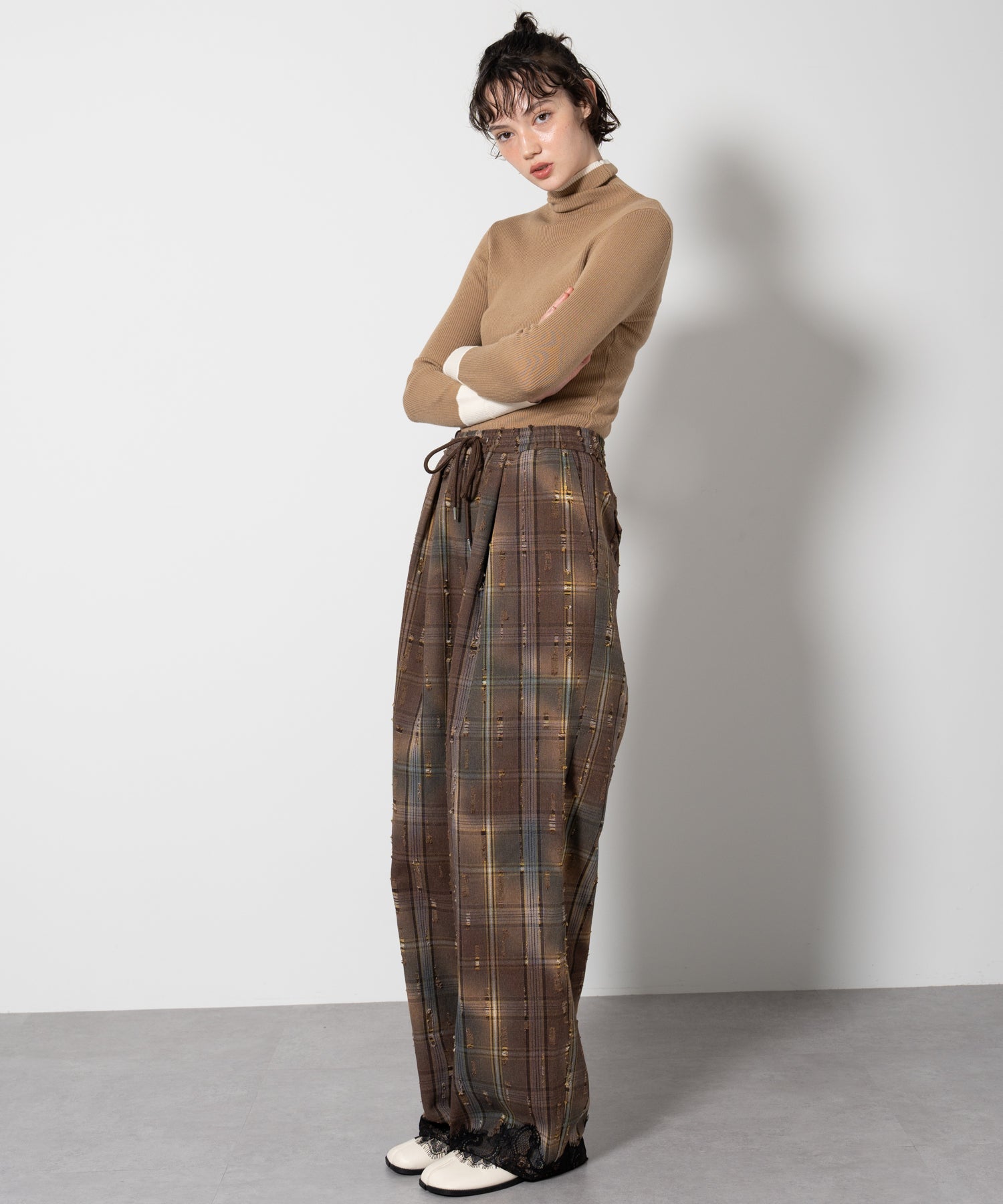 Plaid Pants with Distressed Details & Lace Docking