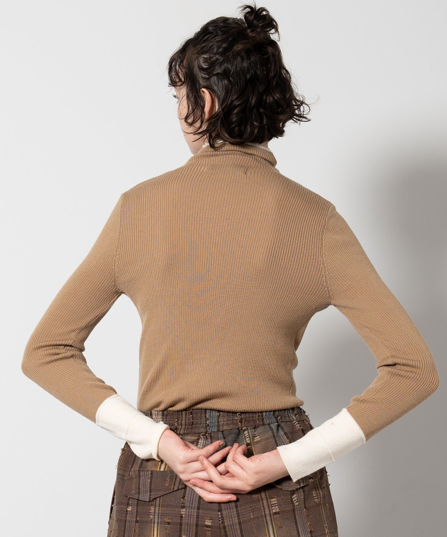 Color Block Rib Knit High Neck Wool Top