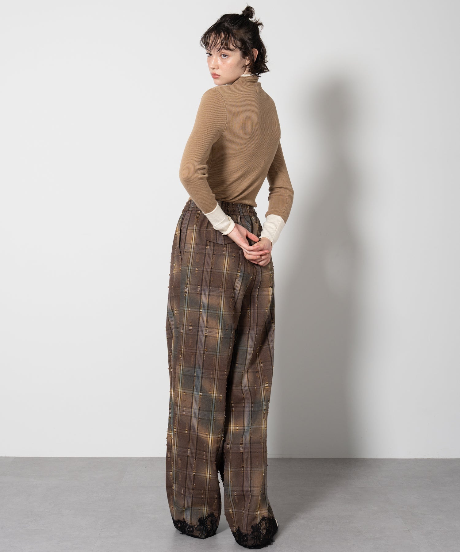 Plaid Pants with Distressed Details & Lace Docking