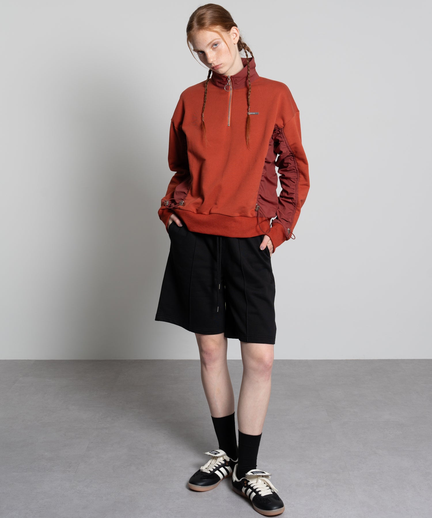 Gathered Sleeve Half-Zip Pullover
