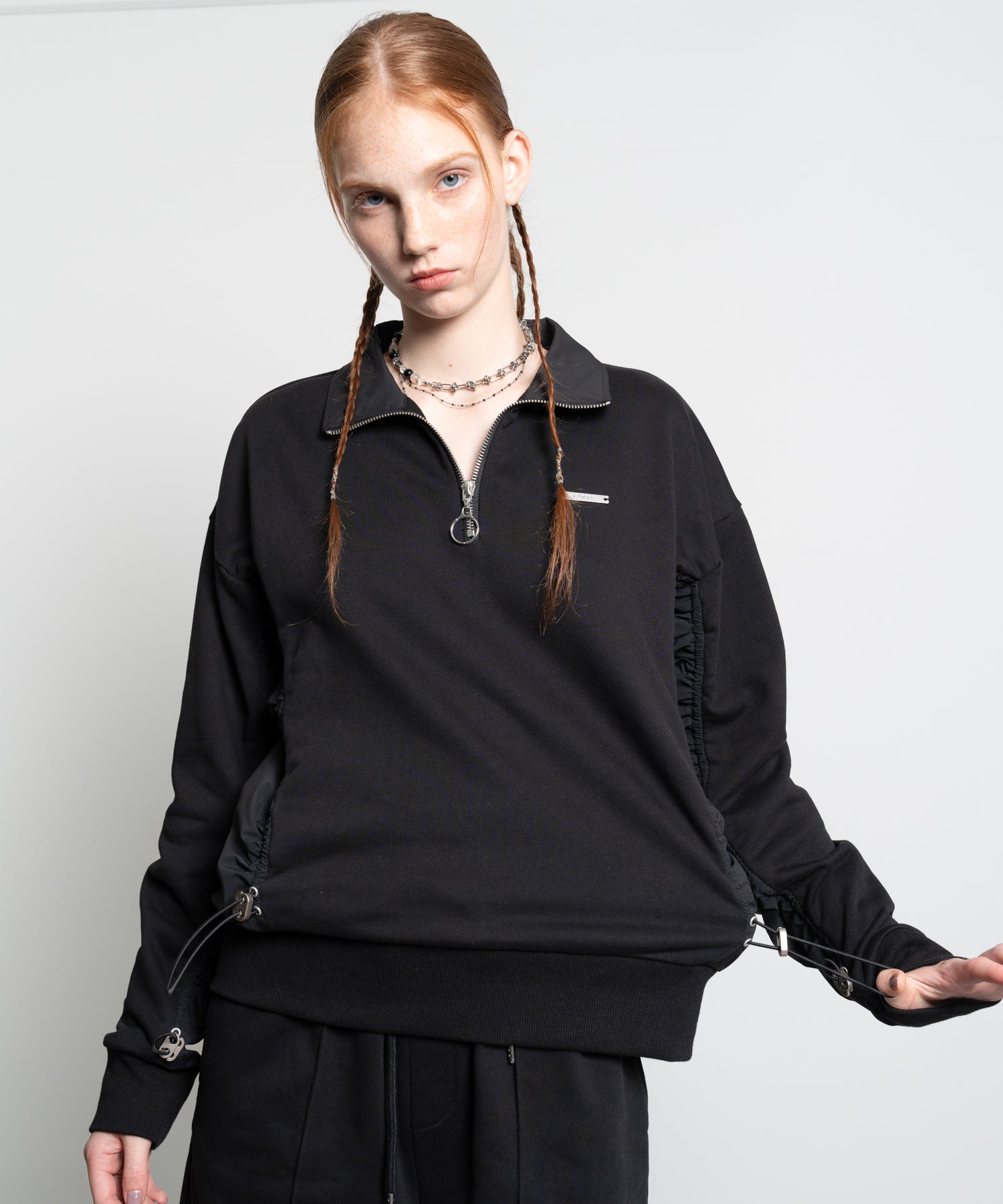Gathered Sleeve Half-Zip Pullover