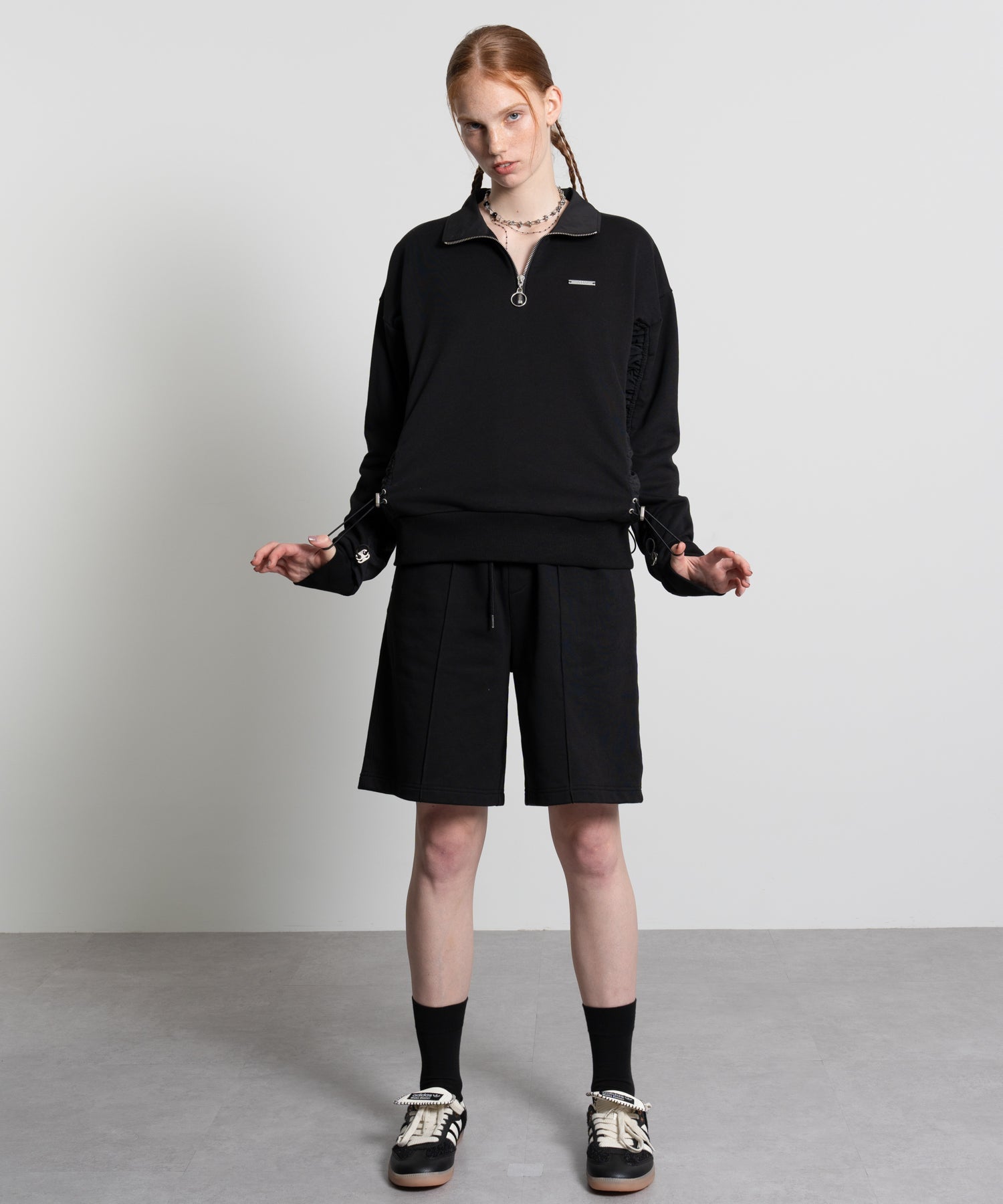 Gathered Sleeve Half-Zip Pullover