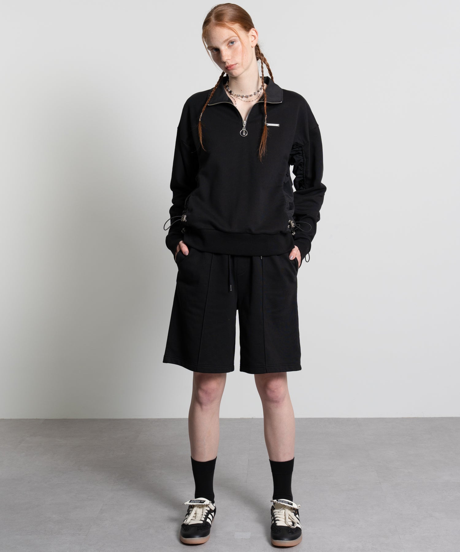Gathered Sleeve Half-Zip Pullover