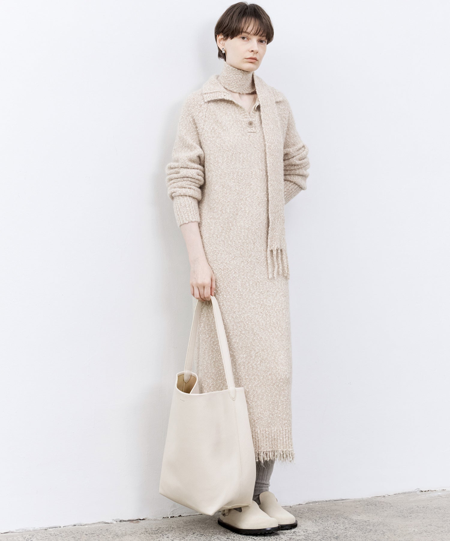 Tweed Like Knit Shirt Dress with Fringe Details