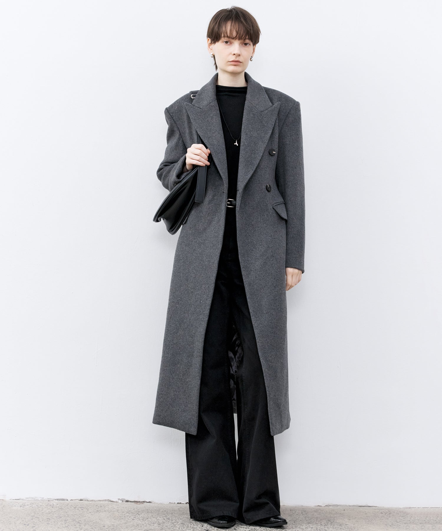 Structured Wool Long Coat with Padded Shoulders