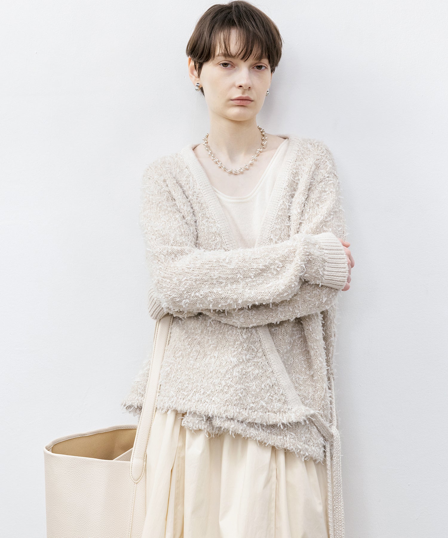 Tweed-Like V-Neck Knit Cardigan