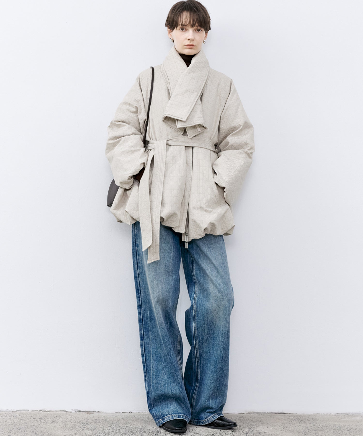 Diamond Jacquard Quilted Down Coat – Belt & Scarf Set