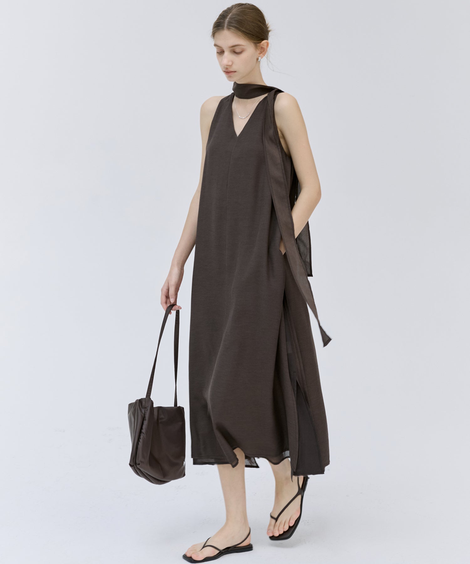 Tie-Detail Double-Layer Cold Shoulder Dress