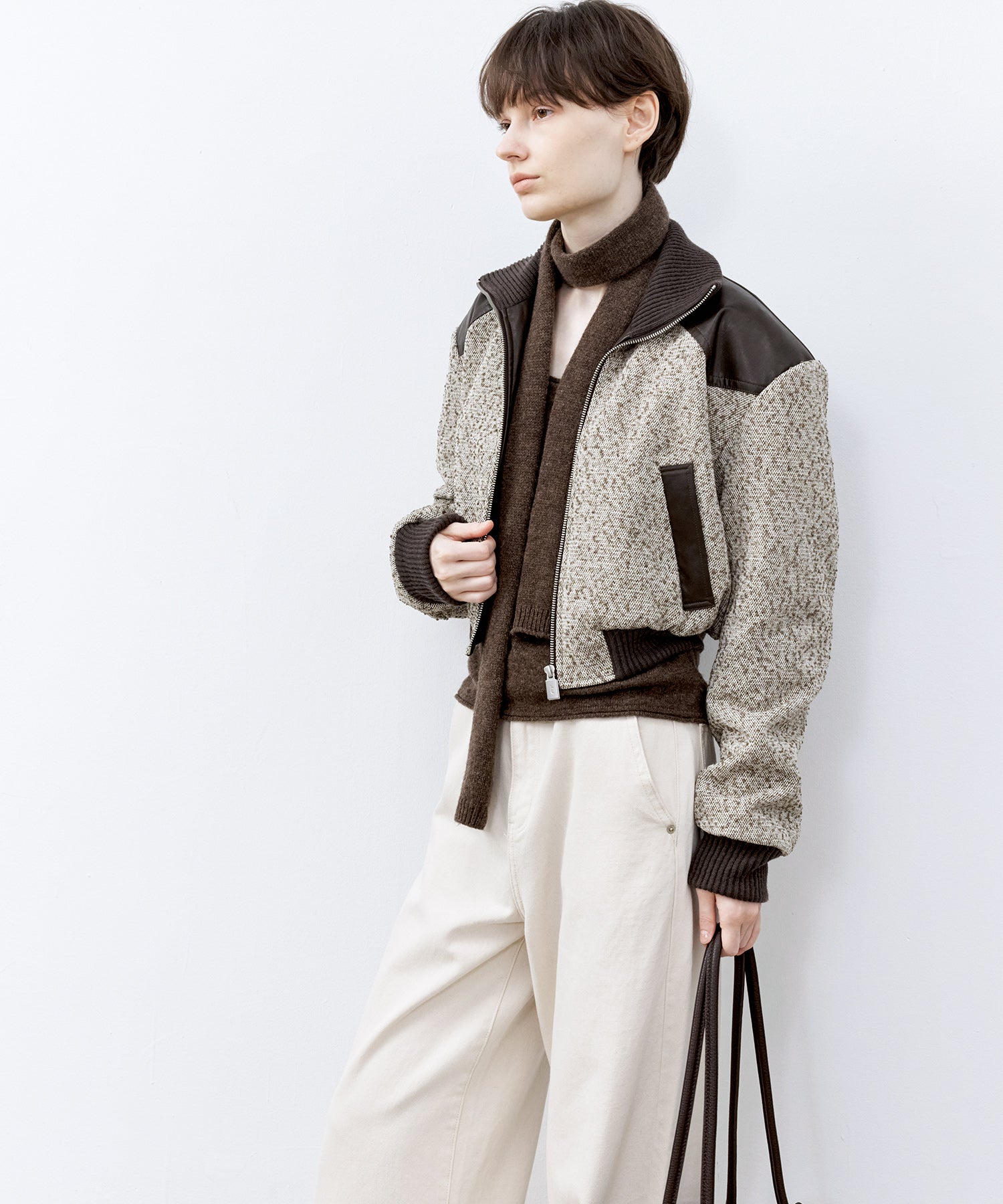 Textured Panel Short Puffer Jacket with Ribbed Stand Collar