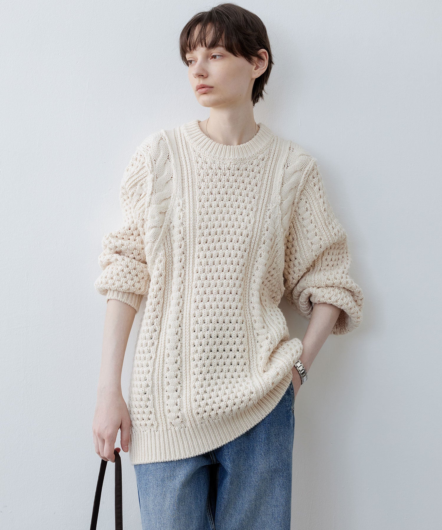 Textured Wool Blend Aran Sweater