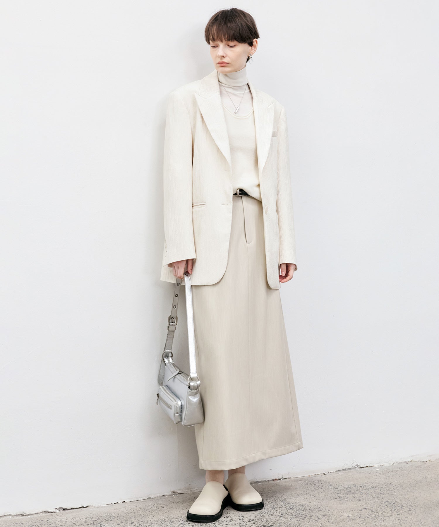 Crinkle Texture White Peak-Lapel Blazer(Shoulder Pads)