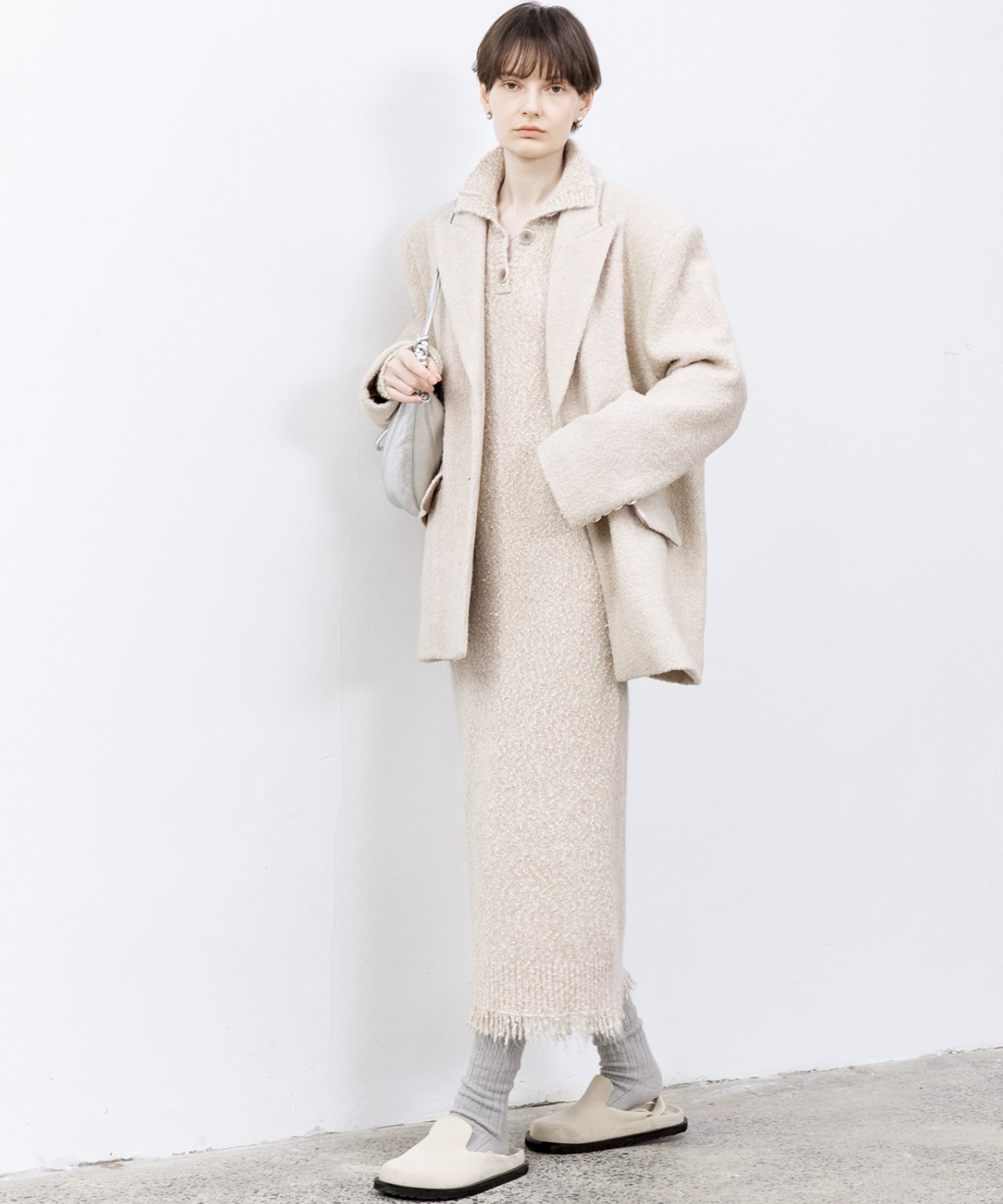 Tweed Like Knit Shirt Dress with Fringe Details