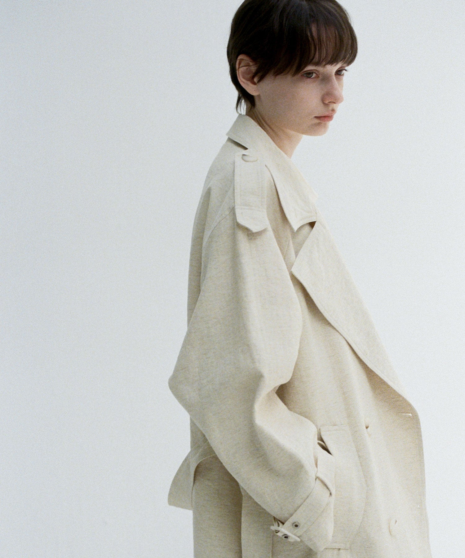 Linen Blend Double-Breasted Long Trench Coat with Epaulettes and Belt