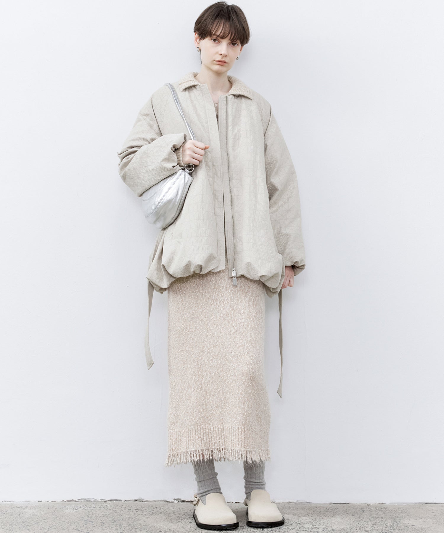 Diamond Jacquard Quilted Down Coat – Belt & Scarf Set