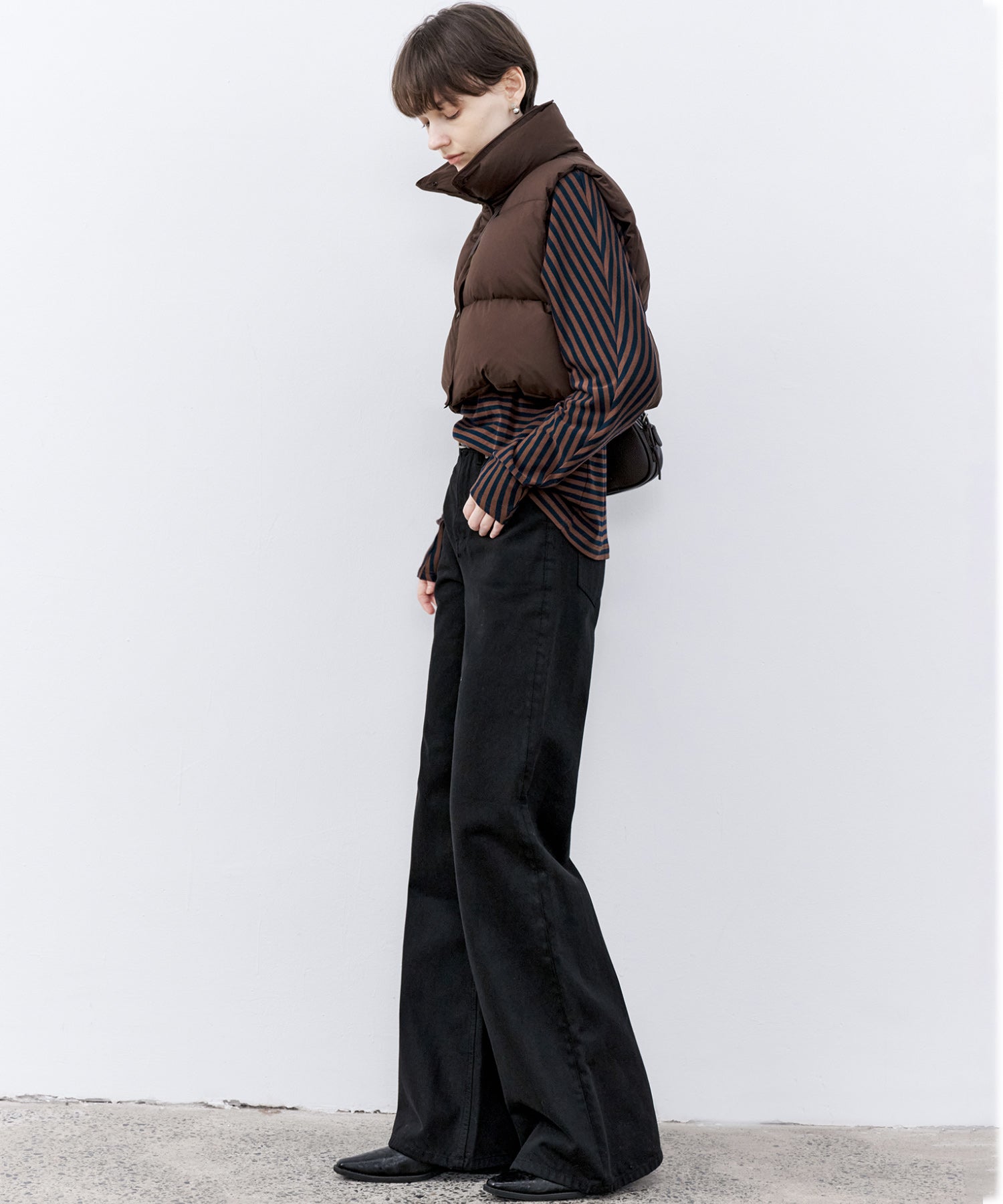 Wool Blend Striped Bihigh Neck Long Sleeve Tee