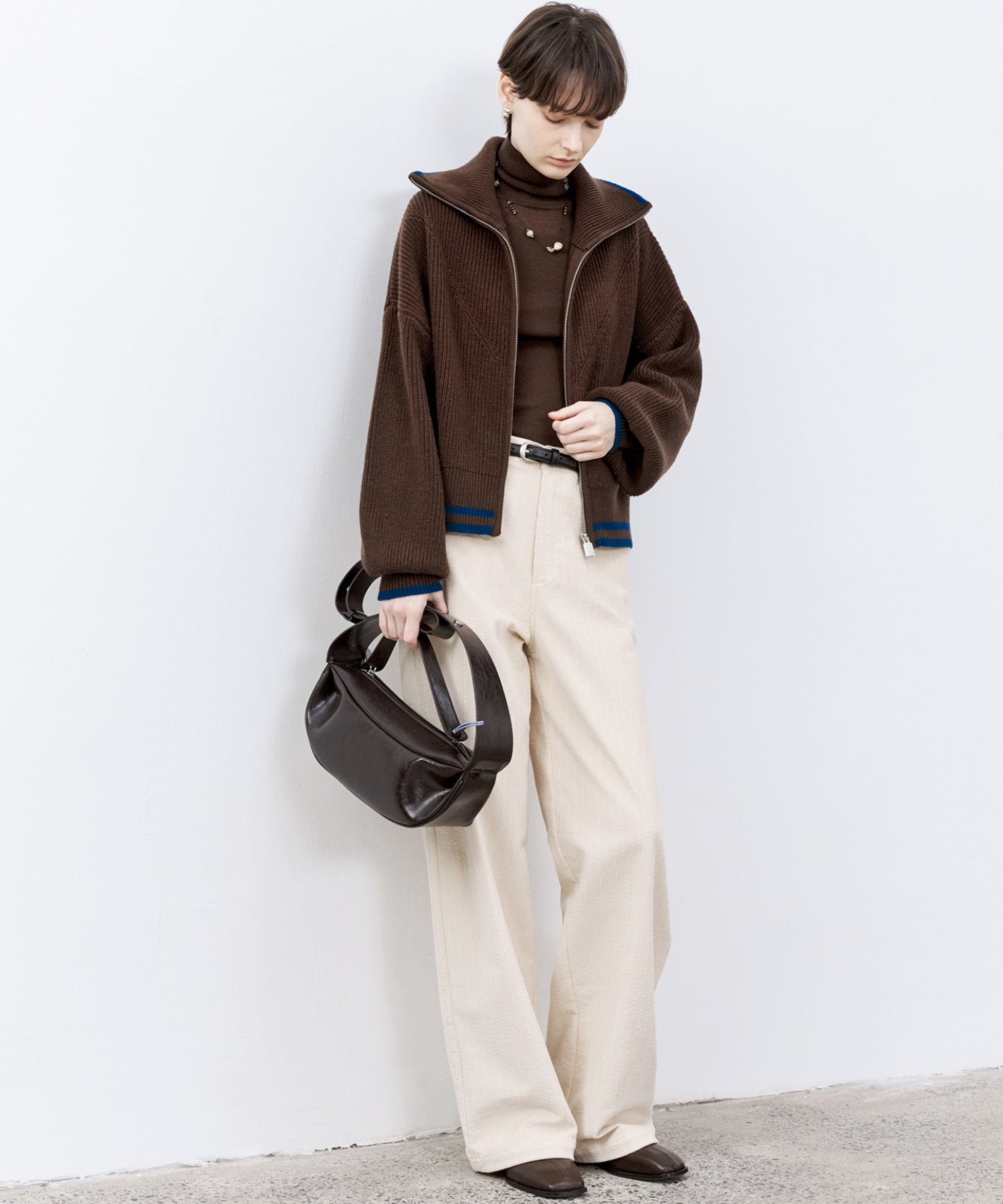 Contrast Panel Wool Zip Cardigan with Dual-Way Collar