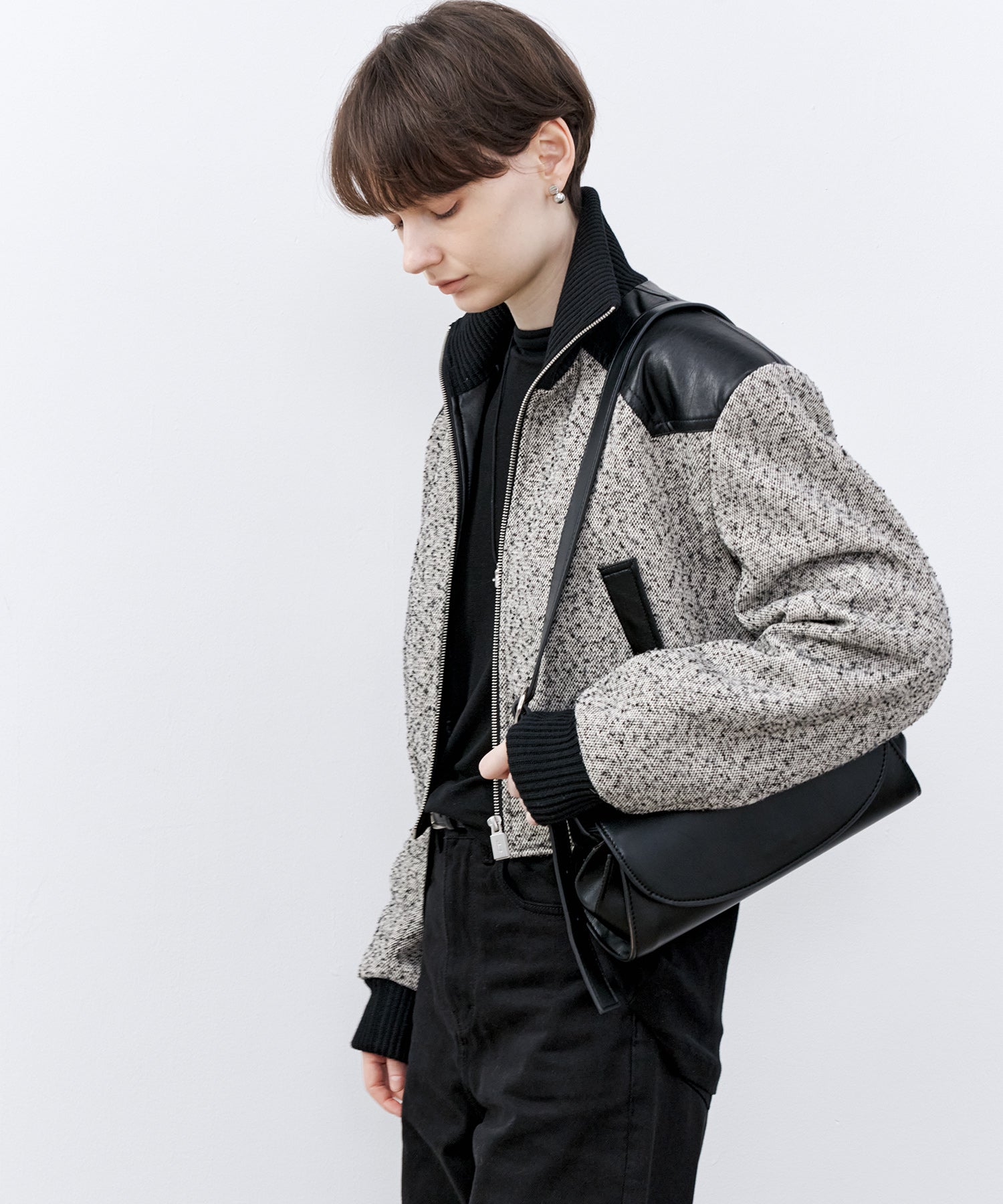 Textured Panel Short Puffer Jacket with Ribbed Stand Collar