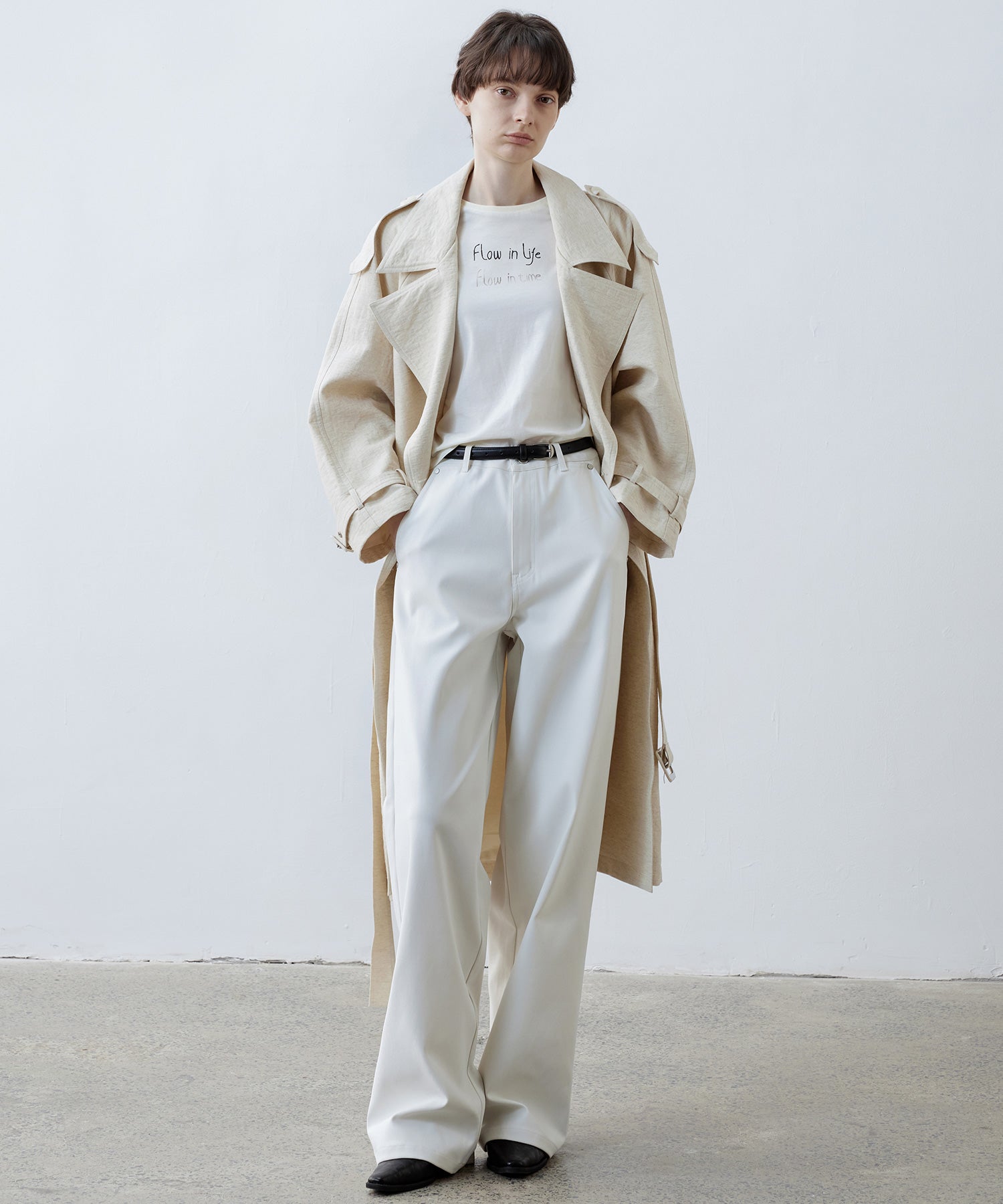 Linen Blend Double-Breasted Long Trench Coat with Epaulettes and Belt