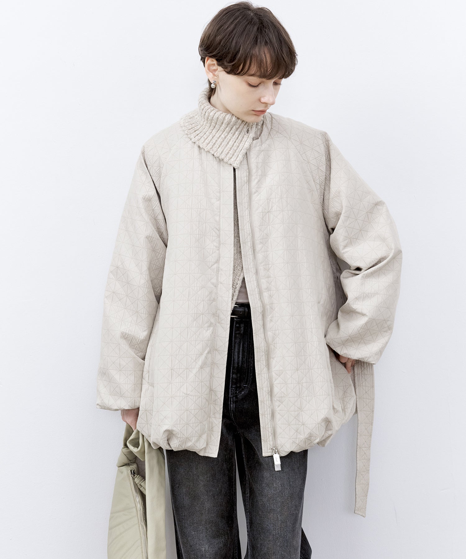 Diamond Jacquard Quilted Down Coat – Belt & Scarf Set