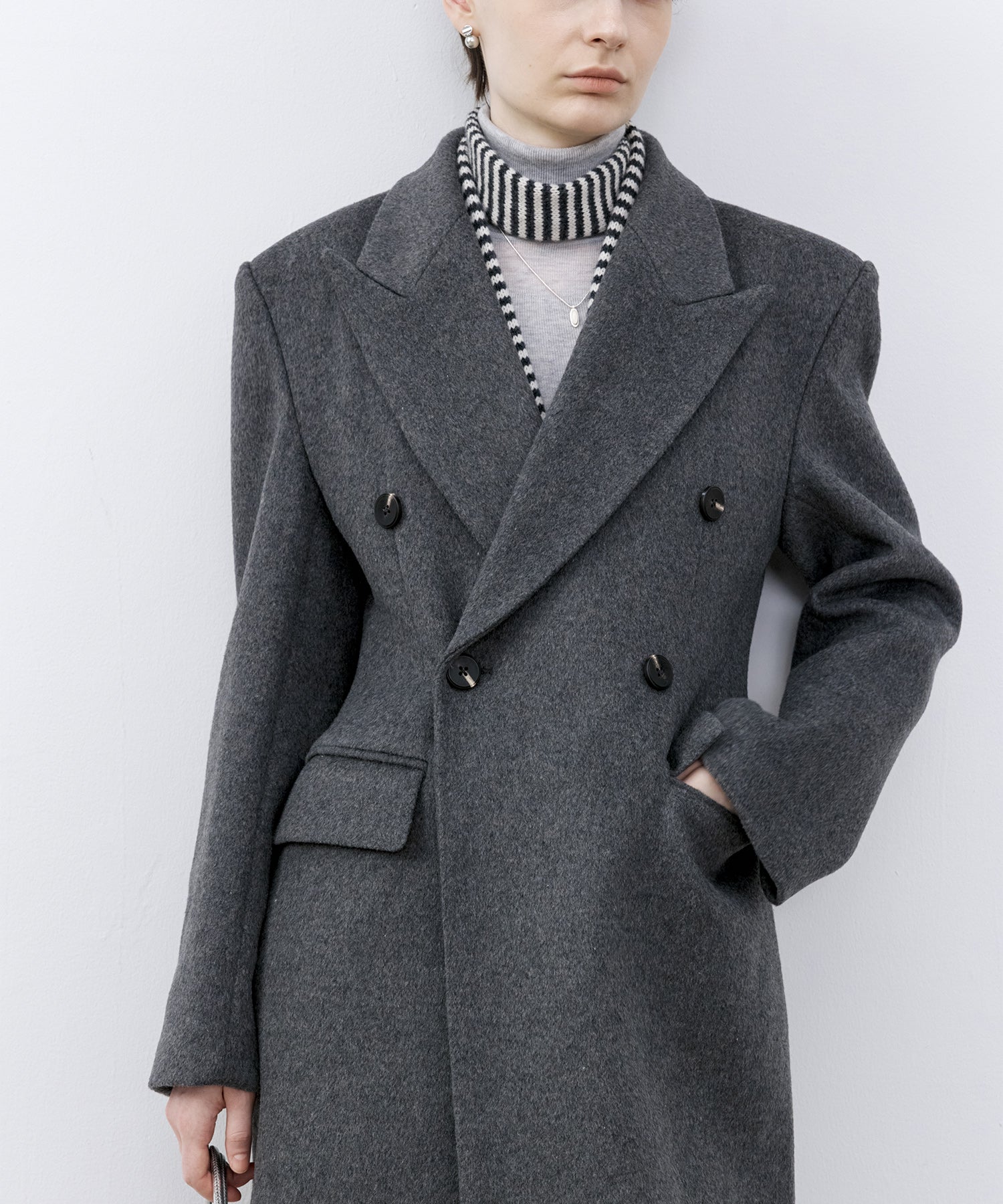 Structured Wool Long Coat with Padded Shoulders