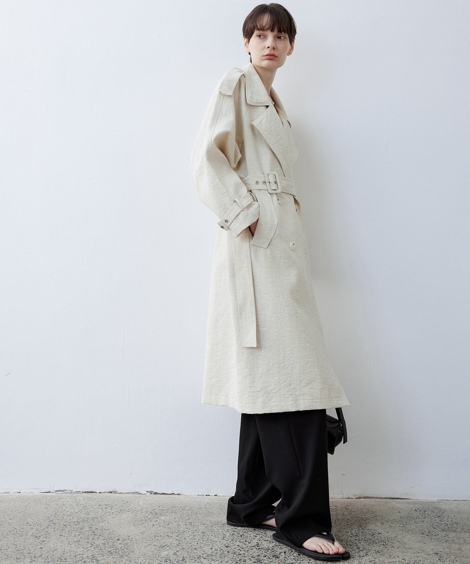 Linen Blend Double-Breasted Long Trench Coat with Epaulettes and Belt
