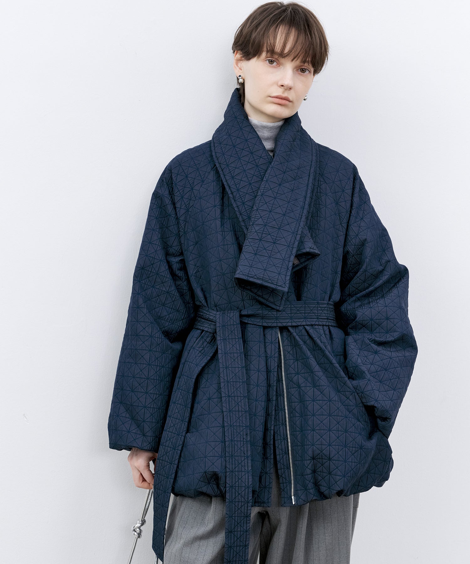 Diamond Jacquard Quilted Down Coat – Belt & Scarf Set