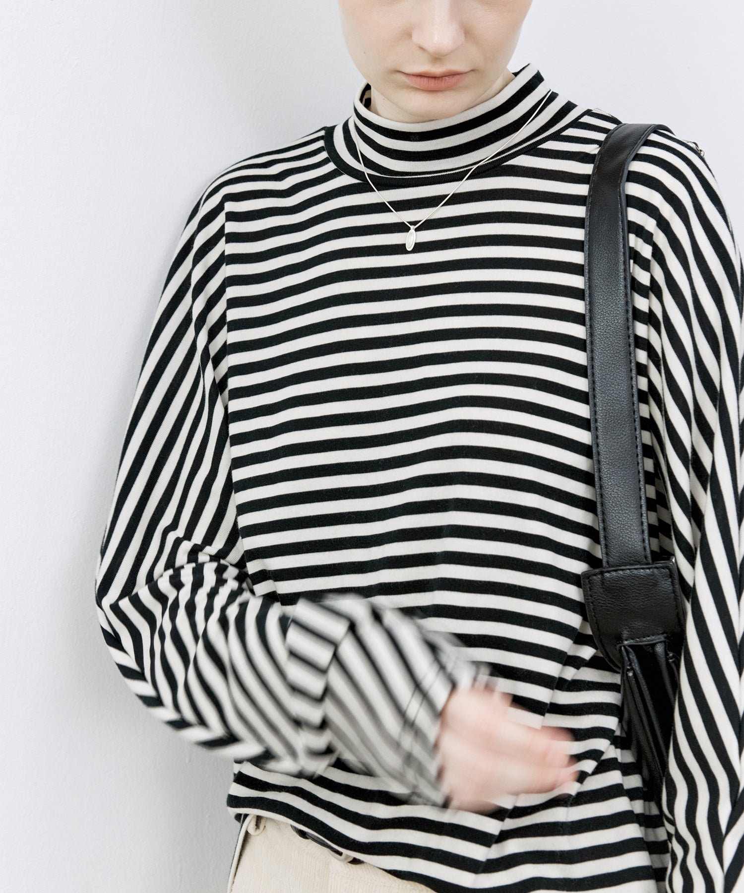 Wool Blend Striped Bihigh Neck Long Sleeve Tee
