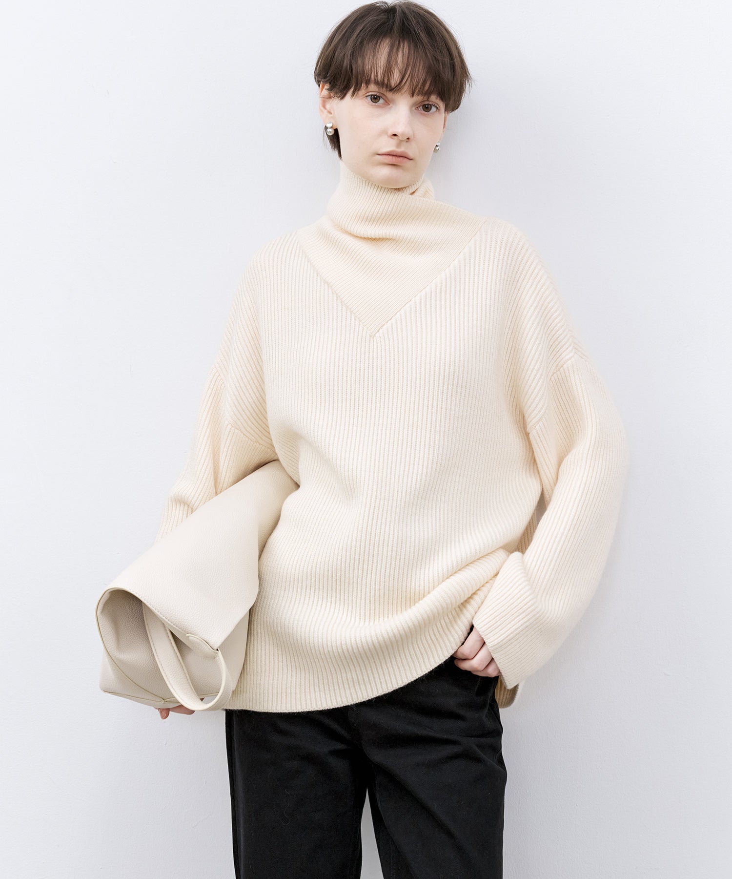 Relaxed Fit Wool-Blend Sweater with Crossed High Neck