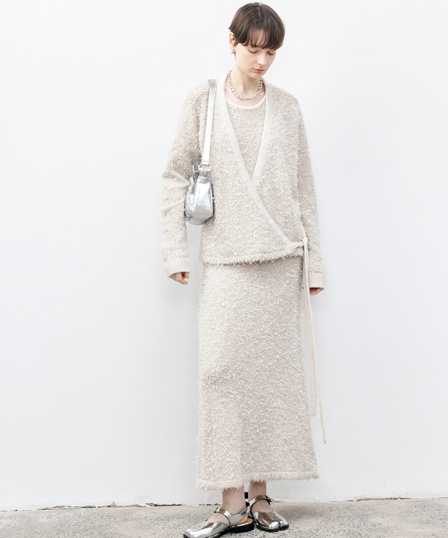 Tweed-Like V-Neck Knit Cardigan