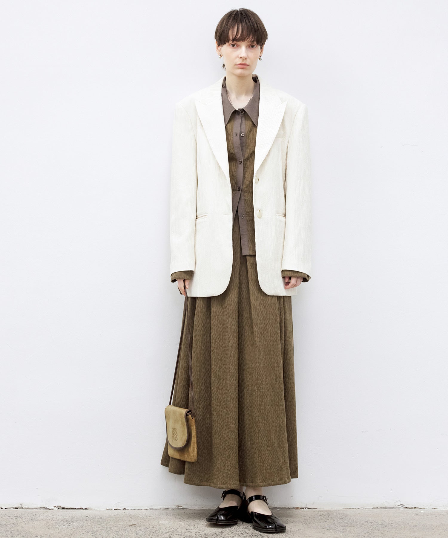 Crinkle Texture White Peak-Lapel Blazer(Shoulder Pads)