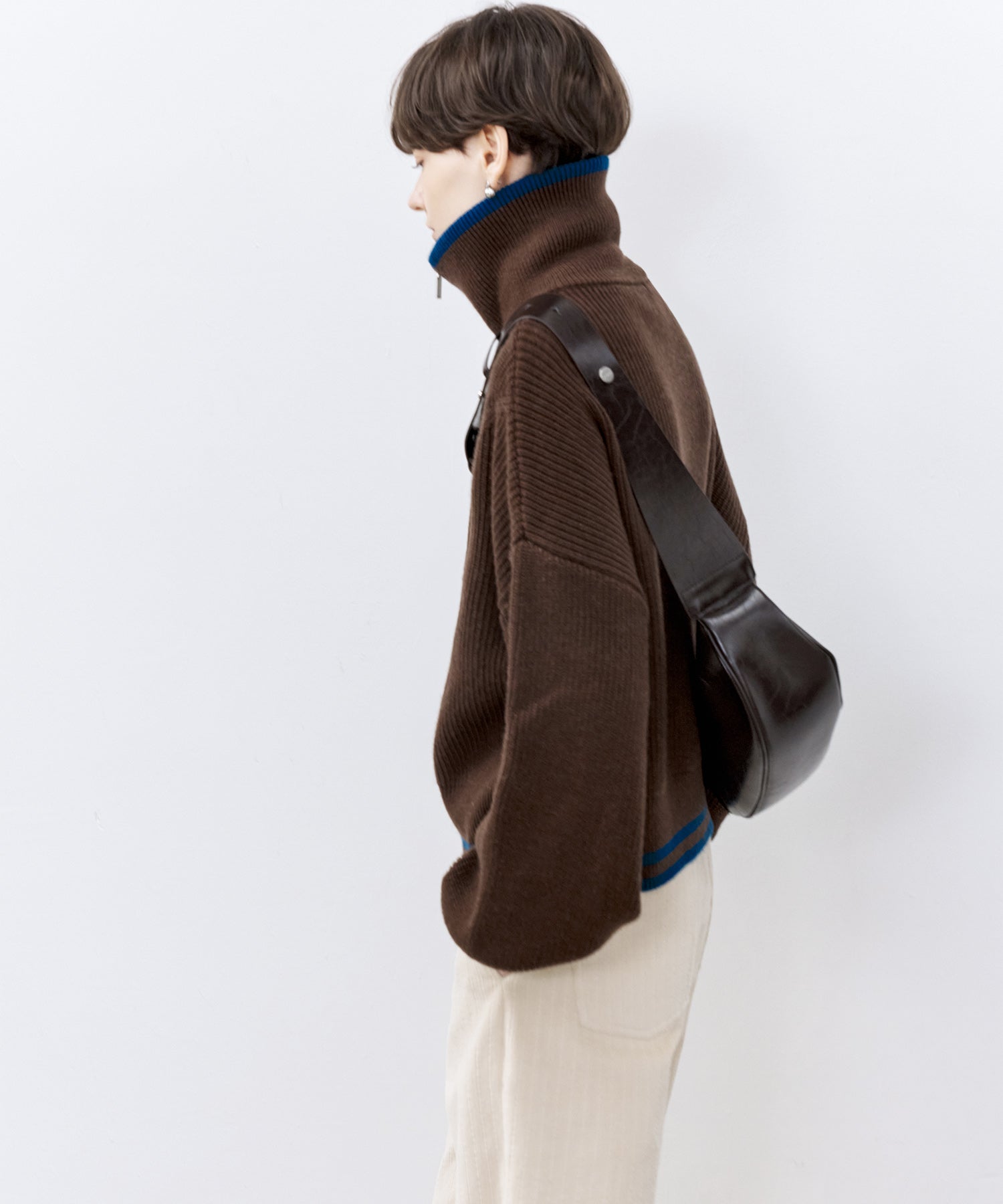 Contrast Panel Wool Zip Cardigan with Dual-Way Collar