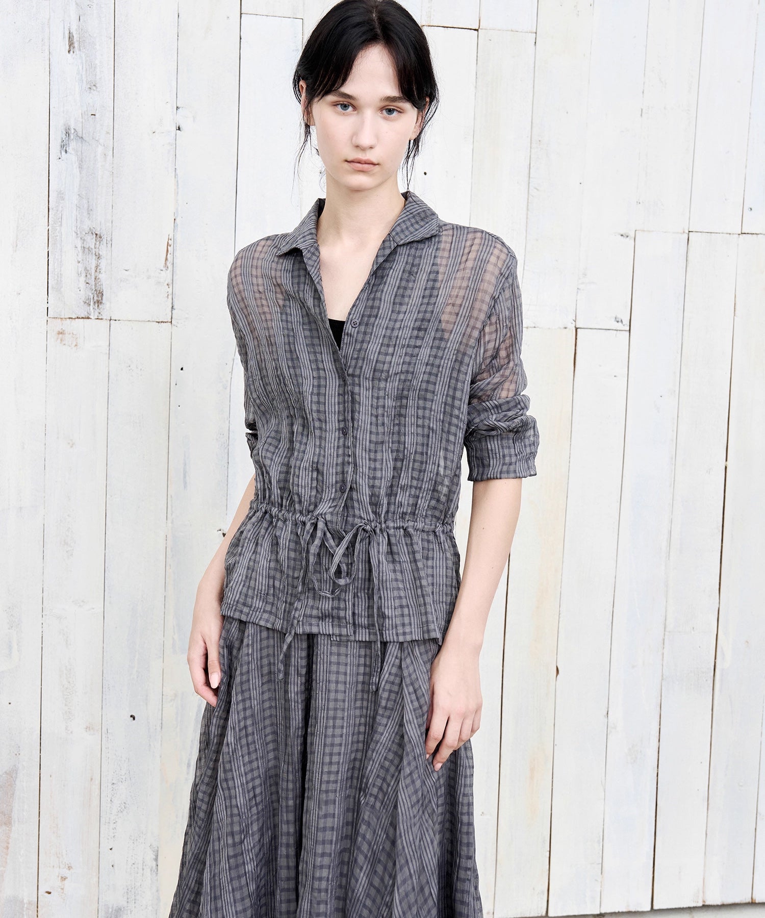Drawstring Crinkled Check Shirt Jacket – Oversized Fit