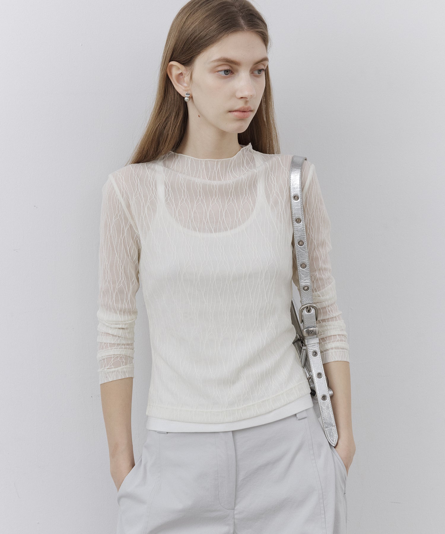 Sheer Jacquard High-Neck Long Sleeve Top