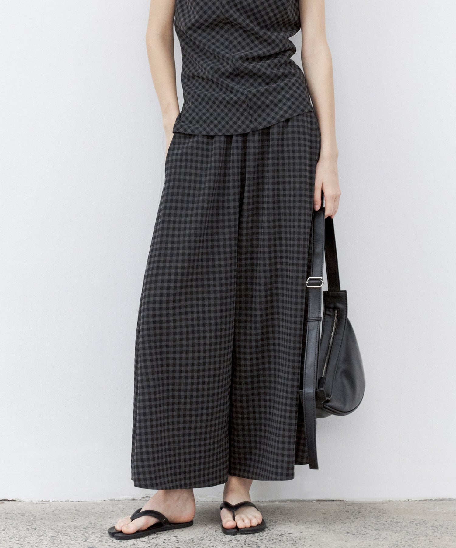 Relaxed Wide Ankle Pants with Subtle Check